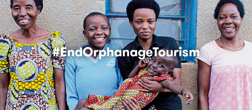 Uwera and her family, with the hashtag, #EndOrphanageTourism