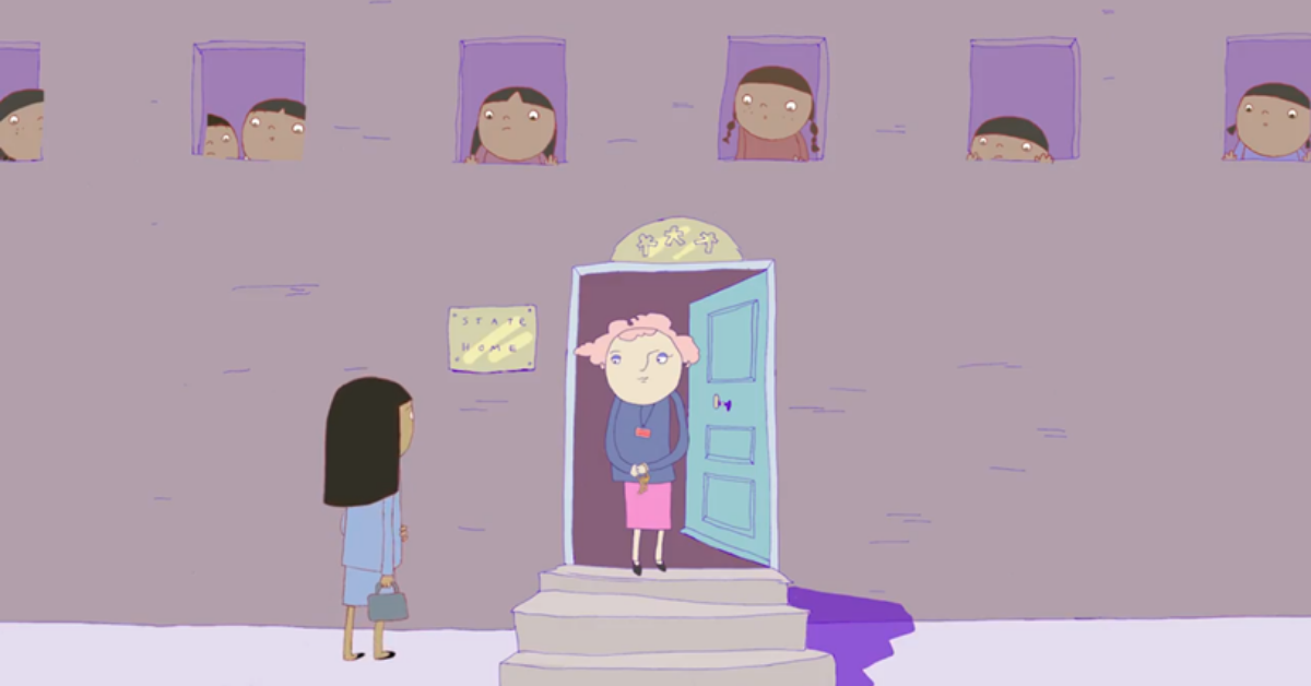 Cartoon of a social worker standing outside an orphanage full of Romani children
